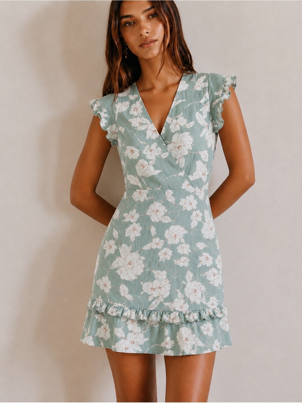 Monteau Sage Green Floral Wrap Mini Dress